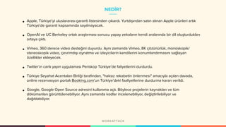 NEDİR?
• Apple, Türkiye’yi uluslararası garanti listesinden çıkardı. Yurtdışından satın alınan Apple ürünleri artık
Türkiye'de garanti kapsamında sayılmayacak.
• OpenAI ve UC Berkeley ortak araştırması sonucu yapay zekaların kendi aralarında bir dil oluşturdukları
ortaya çıktı.
• Vimeo, 360 derece video desteğini duyurdu. Aynı zamanda Vimeo, 8K çözünürlük, monoskopik/
stereoskopik video, çevrimdışı oynatma ve izleyicilerin kendilerini konumlandırmasını sağlayan
özellikler ekleyecek.
• Twitter’ın canlı yayın uygulaması Periskop Türkiye’de faliyetlerini durdurdu.
• Türkiye Seyahat Acentaları Birliği tarafından, "haksız rekabetin önlenmesi" amacıyla açılan davada,
online rezervasyon portalı Booking.com’un Türkiye’deki faaliyetlerine durdurma kararı verildi.
• Google, Google Open Source adresini kullanıma açtı. Böylece projelerin kaynakları ve tüm
dökümanları görüntülenebiliyor. Aynı zamanda kodlar incelenebiliyor, değiştirilebiliyor ve
dağıtılabiliyor.
 