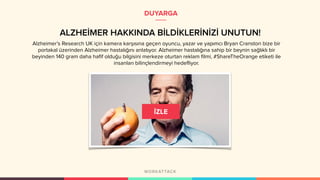 DUYARGA
ALZHEİMER HAKKINDA BİLDİKLERİNİZİ UNUTUN!
Alzheimer’s Research UK için kamera karşısına geçen oyuncu, yazar ve yapımcı Bryan Cranston bize bir
portakal üzerinden Alzheimer hastalığını anlatıyor. Alzheimer hastalığına sahip bir beynin sağlıklı bir
beyinden 140 gram daha hafif olduğu bilgisini merkeze oturtan reklam filmi, #ShareTheOrange etiketi ile
insanları bilinçlendirmeyi hedefliyor.
 