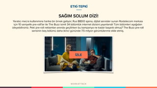 ETKİ-TEPKİ
SAĞIM SOLUM DİZİ!
Yaratıcı mecra kullanımına harika bir örnek geliyor; Rus BBDO ajansı, dijital servisler sunan Rostelecom markası
için 10 saniyelik pre-roll’lar ile The Buzz isimli 34 bölümlük internet dizisini yayınlandı! Tüm bölümleri aşağıdan
izleyebilirsiniz. Peki pre-roll reklamları anında geçilirken bu kampanya ne kadar başarılı olmuş? The Buzz pre-roll
serisinin beş bölümü daha ikinci gününde 7.5 milyon görüntülenme elde etmiş.
 