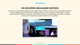 FÜTÜRİSTİK
EN SEVDİĞİM ARKADAŞIM WATSON
Dünyanın en büyük bilişim teknolojisi şirketi IBM, “Watson Asistanı” tanıttı. Siri’nin aksine, Watson Asistanı
her şeye bağlanabiliyor. Evet her şeye. Arabalara, akıllı ev ve ofis cihazlarına hatta otellere… Watson
Asistanı belirli bir endüstrinin jargonunu öğrenebiliyor. Böylece perakendecilik, bankacılık ya da diğer
herhangi bir endüstride de kendine kullanım alanı bulabiliyor.
 