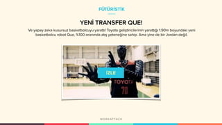 FÜTÜRİSTİK
YENİ TRANSFER QUE!
Ve yapay zeka kusursuz basketbolcuyu yarattı! Toyota geliştiricilerinin yarattığı 1.90m boyundaki yeni
basketbolcu robot Que, %100 oranında atış yeteneğine sahip. Ama yine de bir Jordan değil.
 