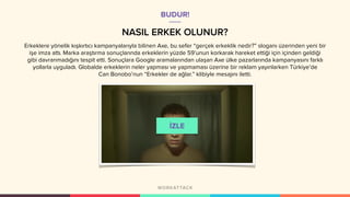 NASIL ERKEK OLUNUR?
BUDUR!
Erkeklere yönelik kışkırtıcı kampanyalarıyla bilinen Axe, bu sefer “gerçek erkeklik nedir?” sloganı üzerinden yeni bir
işe imza attı. Marka araştırma sonuçlarında erkeklerin yüzde 59’unun korkarak hareket ettiği için içinden geldiği
gibi davranmadığını tespit etti. Sonuçlara Google aramalarından ulaşan Axe ülke pazarlarında kampanyasını farklı
yollarla uyguladı. Globalde erkeklerin neler yapması ve yapmaması üzerine bir reklam yayınlarken Türkiye’de
Can Bonobo’nun “Erkekler de ağlar.” klibiyle mesajını iletti.
 