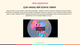 ÇOK HAVALI BİR DÜNYA TARİHİ
“Kısa metinler ve kısa videolar virale daha elverişlidir.” söylemini yerle bir eden bir YouTuber ile karşınızdayız.
Bill Wurtz'un paylaştığı, dünya tarihini anlatan 20 dakikalık videosu bir günde 3.2, bir haftada 16 milyon izlenme
sayısına ulaştı. Japonya tarihini anlattığı videosuyla adını duymaya başladığımız Wurtz, tarzıyla izleyicileri hem
eğlendiriyor hem de değerli bilgiler sunuyor.
VİRAL ENFEKSİYON
 