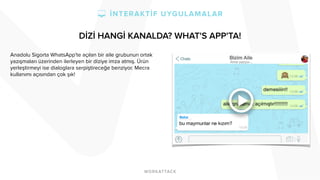 DİZİ HANGİ KANALDA? WHAT'S APP'TA!
Anadolu Sigorta WhatsApp'te açılan bir aile grubunun ortak
yazışmaları üzerinden ilerleyen bir diziye imza atmış. Ürün
yerleştirmeyi ise dialoglara serpiştireceğe benziyor. Mecra
kullanımı açısından çok şık!
 