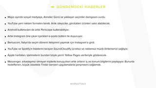 • Mayıs ayında sosyal medyaya, Anneler Günü ve yaklaşan seçimler damgasını vurdu.
• YouTube yeni reklam formatını tanıttı. Artık izleyiciler, gördükleri ürünleri satın alabilecek.
• Android kullanıcıları da artık Periscope kullanabiliyor.
• Artık Instagram öne çıkan içerikleri e-posta bülteni ile duyuruyor.
• Berlusconi, İtalya'da seçim dönemi iletişimini yapmak için Instagram'a girdi.
• YouTube ve Spotify'ın listelerini tarayan SoundCloudify ücretsiz ve reklamsız müzik dinlemenizi sağlıyor.
• Apple haritaları, işletmelerin bundan böyle yerini Yellow Pages verileriyle gösterecek.
• Messenger, arkadaşımız olmayan kişilerle konuşurken artık onların iş ve konum bilgilerini paylaşıyor. Bununla
hedeflenen, büyük olasılıkla Tinder benzeri uygulamalarla yarışmasını sağlamak.
 