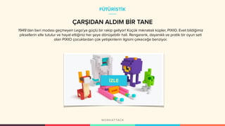 ÇARŞIDAN ALDIM BİR TANE
1949’dan beri modası geçmeyen Lego’ya güçlü bir rakip geliyor! Küçük mıknatıslı küpler, PIXIO. Evet bildiğimiz
piksellerin elle tutulur ve hayal ettiğiniz her şeye dönüşebilir hali. Rengarenk, dayanıklı ve pratik bir oyun seti
olan PIXIO çocuklardan çok yetişkinlerin ilgisini çekeceğe benziyor.
FÜTÜRİSTİK
 