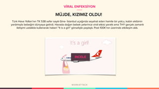 MÜJDE, KIZIMIZ OLDU!
Türk Hava Yolları’nın TK 538 sefer sayılı Gine- İstanbul uçağında seyahat eden hamile bir yolcu, kabin ekibinin
yardımıyla bebeğini dünyaya getirdi. Havada doğan bebek yeterince viral etkisi yarattı ama THY gerçek zamanlı
iletişimi ustalıkla kullanarak haberi “It is a girl” görseliyle paylaştı. Post 100K’nın üzerinde etkileşim aldı.
VİRAL ENFEKSİYON
İNCELE
 