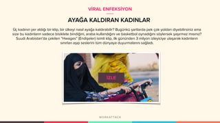 AYAĞA KALDIRAN KADINLAR
Üç kadının yer aldığı bir klip, bir ülkeyi nasıl ayağa kaldırabilir? Bugünkü şartlarda pek çok yoldan diyebilirsiniz ama
size bu kadınların sadece bisiklete bindiğini, araba kullandığını ve basketbol oynadığını söylersek şaşırmaz mısınız?
Suudi Arabistan’da çekilen “Hwages” (Endişeler) isimli klip, ilk gününden 3 milyon izleyiciye ulaşarak kadınların
sınırları aşıp seslerini tüm dünyaya duyurmalarını sağladı.
VİRAL ENFEKSİYON
 