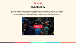 GİYİLEBİLİR EV
DUYARGA
Birleşik Krallık’taki tasarım öğrencileri kafa kafaya vermiş ve Suriyeli mülteciler için giyilebilir
bir ev tasarlamışlar. Ceket şeklinde giyilebilen, istendiğinde çadıra dönüşen ve birçok cebi
bulunan ev, dayanıklı malzemeden yapılmış. Hepsini güzel kalplerinden öpüyoruz...
 