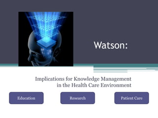Watson:


        Implications for Knowledge Management
                 in the Health Care Environment

Education             Research            Patient Care
 