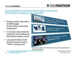 Les organisations financières doivent gérer une quantité
d’informations complexes sans précédent



   Reuters publie l’équivalent
   de 9000 pages
   d’informations financières
   chaque jour1
   5 nouveaux documents de
   recherche sont produits par
   Wall Street chaque minute1
   Les gestionnaires d’actif
   peuvent recevoir jusqu’à
   1 000 e-mails par jour1
                                                                 “Le volume du flux d’information rend la prise de décision en
                                                                 confiance difficile”
   Sources: 1 - www.financial-domain.info/integrating-qualitative-and-quantitative-information/           -Adam Margolis, Citi trader
       2- IBM Client experience with ForEx traders
29     3 – Derived from NYSE data                                                                              © 2012 IBM Corporation
 