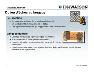 Du jeu d’échec au langage
 Jeu d’échec
     – Un espace de solutions fini et totalement structuré
     – Un nombre limité de mouvements et d’états
     – Des règles mathématiques qui s’appliquent à des symboles finis


 Langage humain
     • Les mots n’ont pas de signification par eux-mêmes
     • Ils sont associés à une expérience humaine
     • Les mots véhiculent et transmettent un espace infini de significations possibles ou
       supposées
     • Les ordinateurs ne savent pas associer les mots à des expériences humaines pour
       en déduire une signification




 7                                                                                 © 2012 IBM Corporation
 