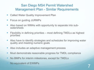 San Diego MS4 Permit Watershed 
Management Plan - Similar Requirements 
 Called Water Quality Improvement Plan 
 Focus on guiding JURMPs 
 Also based on WMAs with opportunity to separate into sub-watersheds 
 Flexibility in defining priorities – most defining TMDLs as highest 
priorities 
 Also have to identify strategies and schedules for improving water 
quality and meeting numeric goals 
 Also includes an adaptive management process 
 Must demonstrate reasonable progress for TMDL compliance 
 No BMPs for interim milestones, except for TMDLs 
 No equivalent of EWMPs 
7 
 