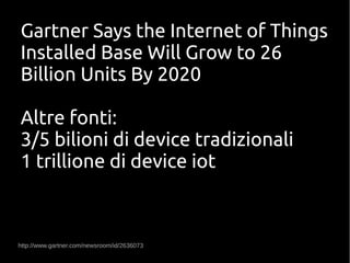 http://www.gartner.com/newsroom/id/2636073
Gartner Says the Internet of Things
Installed Base Will Grow to 26
Billion Units By 2020
Altre fonti:
3/5 bilioni di device tradizionali
1 trillione di device iot
 