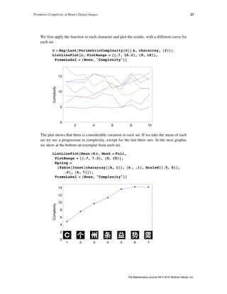 We first apply the function to each character and plot the results, with a different curve for
each set.
c = Map@Last@PerimetricComplexity@ÒDD &, chararray, 82<D;
ListLinePlot@c, PlotRange Ø 88.7, 10.3<, 80, 18<<,
FrameLabel Ø 8None, "Complexity"<D
2 4 6 8 10
0
5
10
15
Complexity
The plot shows that there is considerable variation in each set. If we take the mean of each
set we see a progression in complexity, except for the last three sets. In the next graphic
we show at the bottom an exemplar from each set.
ListLinePlot@Mean êü c, Mesh Ø Full,
PlotRange Ø 88.7, 7.3<, 80, 15<<,
Epilog Ø
8Table@Inset@chararray@@k, 1DD, 8k , .1<, Scaled@8.5, 0<D,
.6D, 8k, 7<D<,
FrameLabel Ø 8None, "Complexity"<D
1 2 3 4 5 6 7
0
2
4
6
8
10
12
14
Complexity
Perimetric Complexity of Binary Digital Images 23
The Mathematica Journal 14 © 2012 Wolfram Media, Inc.
 