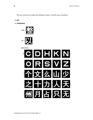 The next closed cell contains the definition of psf, a 64×64 array of numbers.
ü psf
ü characters
jun = ;
yi = ;
chararray =
:: , , , , ,
, , , , >,
: , , , , ,
, , , , >,
: , , , , ,
, , , , >,
32 Andrew B. Watson
The Mathematica Journal 14 © 2012 Wolfram Media, Inc.
 