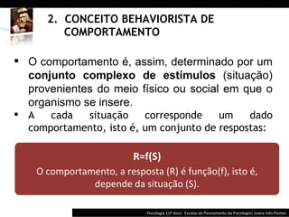 2.  CONCEITO BEHAVIORISTA DE    COMPORTAMENTO Psicologia 12º Ano|  Escolas do Pensamento da Psicologia| Joana Inês Pontes O comportamento é, assim, determinado por um  conjunto complexo de estímulos  (situação) provenientes do meio físico ou social em que o organismo se insere.  A cada situação corresponde um dado comportamento, isto é, um conjunto de respostas: R=f(S) O comportamento, a resposta (R) é função(f), isto é, depende da situação (S). 