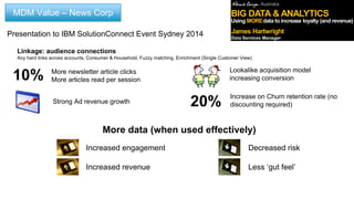 Increased engagement
Increased revenue
Decreased risk
Less ‘gut feel’
More data (when used effectively)
Increase on Churn retention rate (no
discounting required)
More newsletter article clicks
More articles read per session
Lookalike acquisition model
increasing conversion
Strong Ad revenue growth 20%
10%
Linkage: audience connections
Any hard links across accounts, Consumer & Household, Fuzzy matching, Enrichment (Single Customer View)
MDM Value – News Corp
Presentation to IBM SolutionConnect Event Sydney 2014
 