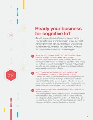 Ready your business
for cognitive IoT
As with any worthwhile strategic initiative, evolving
your infrastructure and organization to get the most
from cognitive IoT can be a signiﬁcant undertaking,
but taking three key steps can help make the transi-
tion faster and easier while still lowering risk.
START BY DEPLOYING A HIGHLY SECURE, SCALABLE AND
OPEN PLATFORM DESIGNED FOR COGNITIVE IOT
You need a platform that makes it easy to connect devices and
seamlessly scale to millions of connections around the world. Privacy
and multilayered security must be tightly integrated. And you need
powerful, real-time, predictive, cognitive and contextual analytics to
gain actionable insights from IoT data.
APPLY COGNITIVE IOT EXPERTISE, APPLICATIONS AND
TECHNOLOGIES TO SOLVE BUSINESS CHALLENGES
Leverage the continuous feedback from connected operations and
products to solve business challenges and transform customer
experiences. Put industry-speciﬁc cognitive IoT solutions to work
across your organization and supply chain, where they can deliver rich,
relevant insights and dramatically enhance operational efﬁciency.
BUILD A COGNITIVE STRATEGY FEATURING NEW, DISRUPTIVE
BUSINESS MODELS
Take advantage of the new sources and types of IoT data, joined with
unstructured dark data, external data such as weather and social,
and enterprise data. Leverage these as the body of knowledge for
your cognitive systems. Then use IoT technologies to act instantly on
the recommendations your cognitive systems generate.
10
 