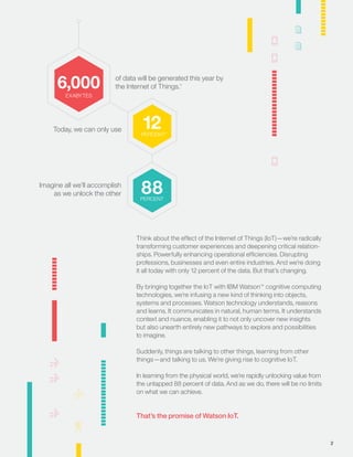 6,000
EXABYTES
12PERCENT2
88PERCENT
of data will be generated this year by
the Internet of Things.1
Imagine all we’ll accomplish
as we unlock the other
Today, we can only use
Think about the effect of the Internet of Things (IoT)—we’re radically
transforming customer experiences and deepening critical relation-
ships. Powerfully enhancing operational efﬁciencies. Disrupting
professions, businesses and even entire industries. And we’re doing
it all today with only 12 percent of the data. But that’s changing.
By bringing together the IoT with IBM Watson™ cognitive computing
technologies, we’re infusing a new kind of thinking into objects,
systems and processes. Watson technology understands, reasons
and learns. It communicates in natural, human terms. It understands
context and nuance, enabling it to not only uncover new insights
but also unearth entirely new pathways to explore and possibilities
to imagine.
Suddenly, things are talking to other things, learning from other
things—and talking to us. We’re giving rise to cognitive IoT.
In learning from the physical world, we’re rapidly unlocking value from
the untapped 88 percent of data. And as we do, there will be no limits
on what we can achieve.
That’s the promise of Watson IoT.
2
 