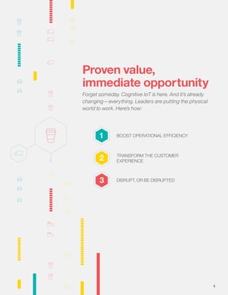 1
2
3
Proven value,
immediate opportunity
Forget someday. Cognitive IoT is here. And it’s already
changing—everything. Leaders are putting the physical
world to work. Here’s how:
BOOST OPERATIONAL EFFICIENCY
DISRUPT, OR BE DISRUPTED
TRANSFORM THE CUSTOMER
EXPERIENCE
5
 