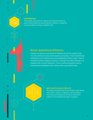 1
CUMMINS INC.
This engine manufacturer collects and transmits real-time
performance data and uses predictive analytics to diagnose
issues remotely and keep availability high.
Boost operational efﬁciency
Leaders are gaining new levels of visibility across the supply chain
and into previously obscured business processes. They’re identifying
bottlenecks and inefﬁciencies and spotlighting hidden costs. They’re
translating these insights to actions—through the device directly or, if
needed, with human interaction. They're optimizing performance,
empowering employees and cutting costs organizationwide.
NEW SOUTH WALES HEALTH
Southeast Australia’s New South Wales public health-
care system uses IoT insights to improve patient
outcomes and operational efﬁciency across the
system’s 220 hospitals that span 17 regions.
6
 