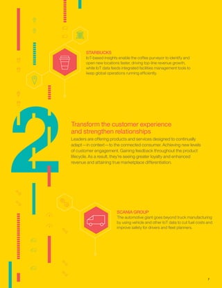2Transform the customer experience
and strengthen relationships
Leaders are offering products and services designed to continually
adapt—in context—to the connected consumer. Achieving new levels
of customer engagement. Gaining feedback throughout the product
lifecycle. As a result, they’re seeing greater loyalty and enhanced
revenue and attaining true marketplace differentiation.
STARBUCKS
IoT-based insights enable the coffee purveyor to identify and
open new locations faster, driving top-line revenue growth,
while IoT data feeds integrated facilities management tools to
keep global operations running efﬁciently.
SCANIA GROUP
The automotive giant goes beyond truck manufacturing
by using vehicle and other IoT data to cut fuel costs and
improve safety for drivers and ﬂeet planners.
7
 