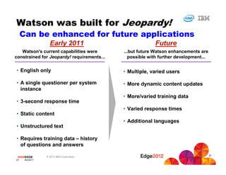 #IBMEDGE © 2012 IBM Corporation
27 8/2/2011
Watson was built for Jeopardy!
Can be enhanced for future applications
Watson's current capabilities were
constrained for Jeopardy! requirements...
• English only
• A single questioner per system
instance
• 3-second response time
• Static content
• Unstructured text
• Requires training data – history
of questions and answers
...but future Watson enhancements are
possible with further development...
• Multiple, varied users
• More dynamic content updates
• More/varied training data
• Varied response times
• Additional languages
Early 2011 Future
27
 