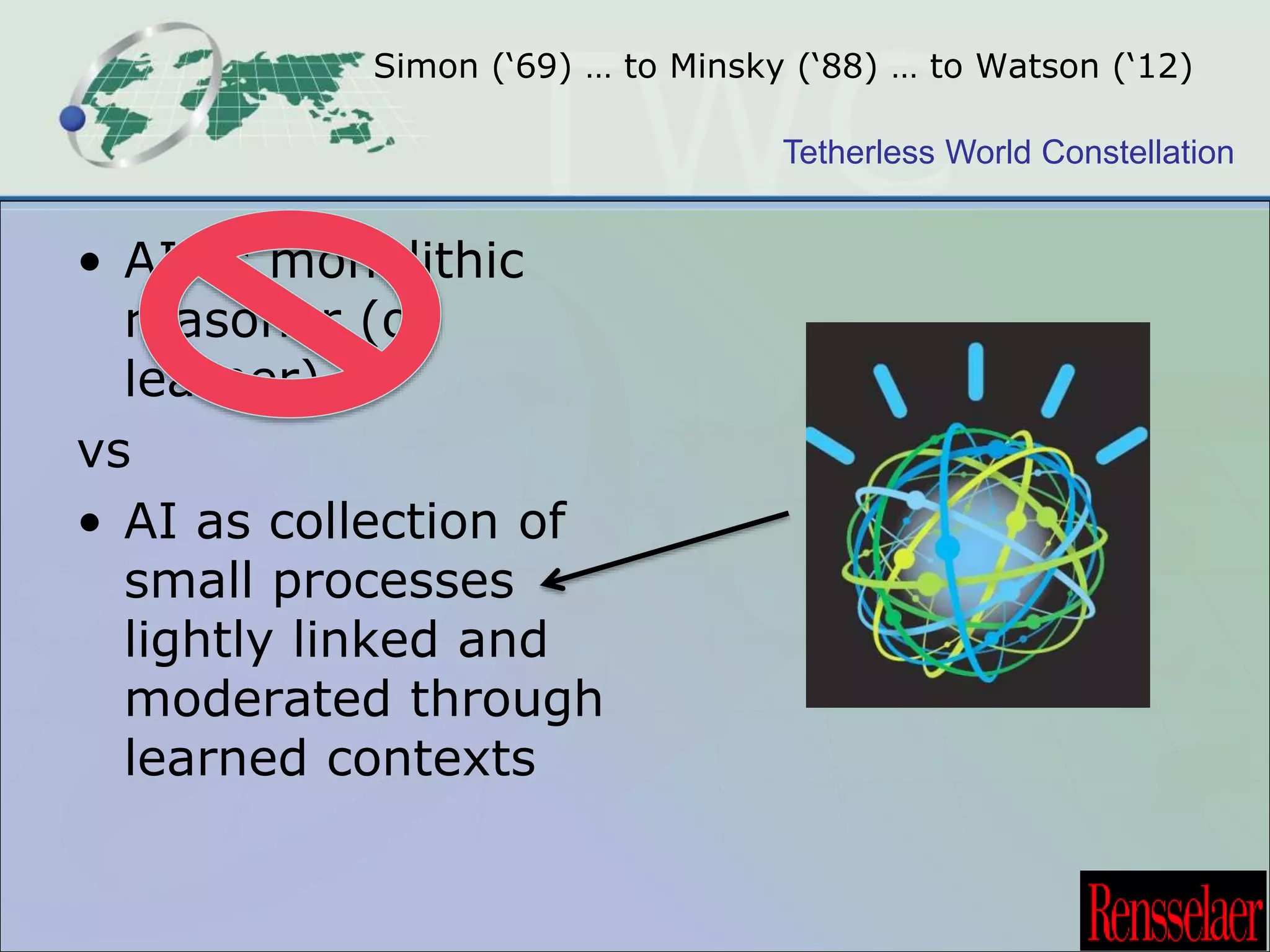 Simon (‘69) … to Minsky (‘88) … to Watson (‘12) 
Tetherless World Constellation 
• AI as monolithic 
reasoner (or 
learner) 
vs 
• AI as collection of 
small processes 
lightly linked and 
moderated through 
learned contexts 
 