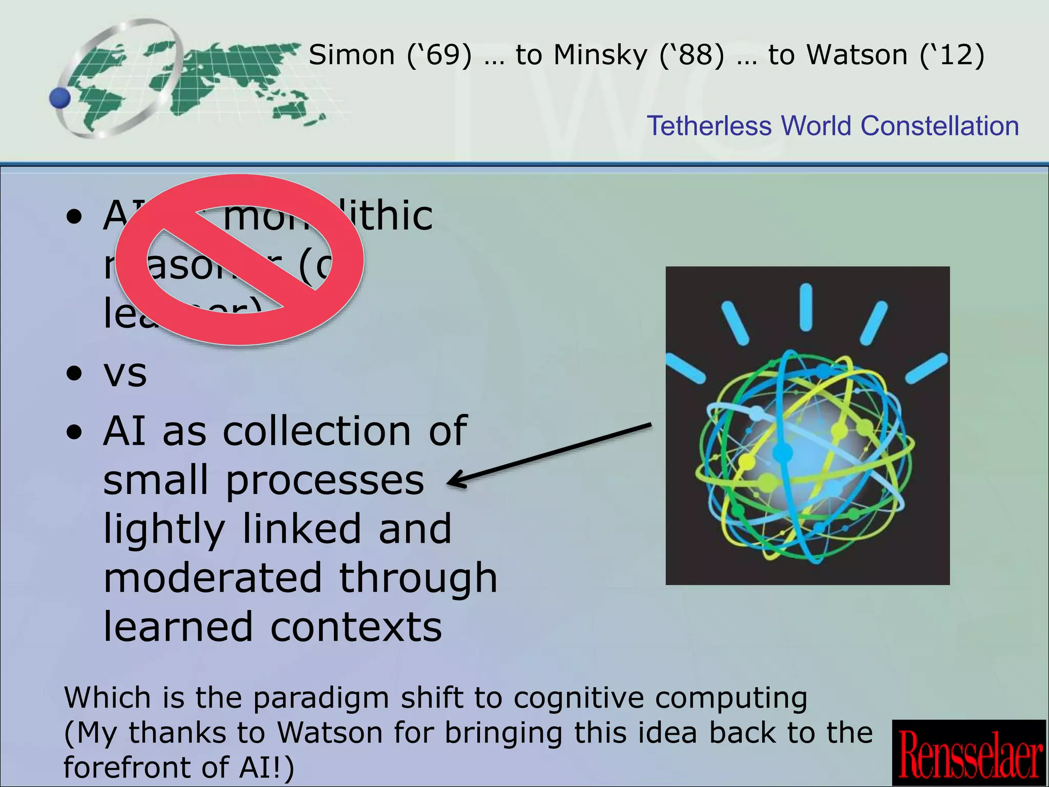 Simon (‘69) … to Minsky (‘88) … to Watson (‘12) 
Tetherless World Constellation 
• AI as monolithic 
reasoner (or 
learner) 
• vs 
• AI as collection of 
small processes 
lightly linked and 
moderated through 
learned contexts 
Which is the paradigm shift to cognitive computing 
(My thanks to Watson for bringing this idea back to the 
forefront of AI!) 
 