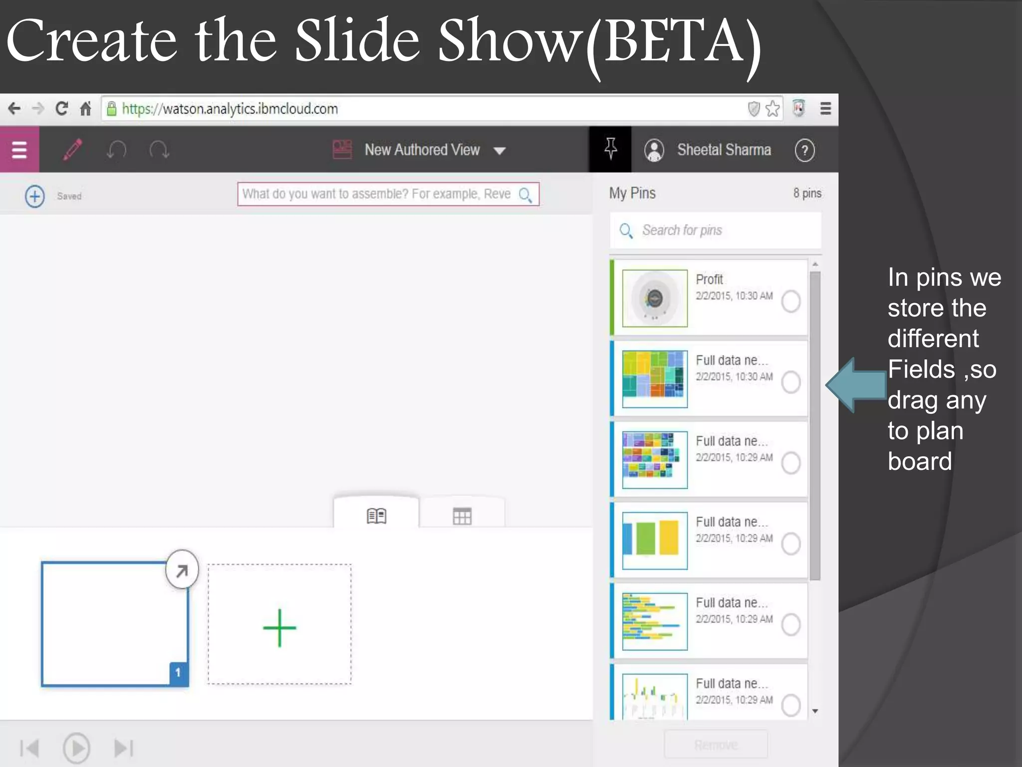 Create the Slide Show(BETA)
In pins we
store the
different
Fields ,so
drag any
to plan
board
 