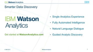 © IBM 2015 1#WatsonAnalytics
•  Single Analytics Experience
•  Fully Automated Intelligence
•  Natural Language Dialogue
•  Guided Analytic Discovery
Smarter Data Discovery
Get started at WatsonAnalytics.com
 