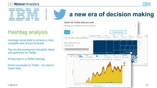 © IBM 2015 13#WatsonAnalytics
a new era of decision making
Hashtag analysis
Leverage social data to achieve a more
complete view of your business
Tap into the expressions thoughts, ideas
and sentiment on Twitter
Simply type in a Twitter hashtag
Direct connection to Twitter - no need to
import data
 