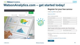 © IBM 2015 16#WatsonAnalytics
WatsonAnalytics.com – get started today!
 