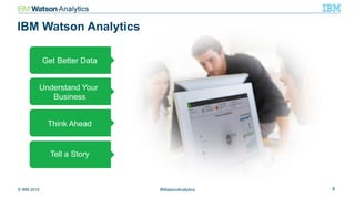 © IBM 2015 8#WatsonAnalytics
IBM Watson Analytics
Get Better Data
Understand Your
Business
Think Ahead
Tell a Story
 