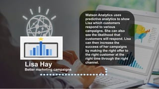 Watson Analytics uses
predictive analytics to show
Lisa which customers
respond to various
campaigns. She can also
see the likelihood that
customers will respond. Lisa
can then increase the
success of her campaigns
by making the right offer to
the right customer at the
right time through the right
channel.
Better marketing campaigns
Lisa Hay
 