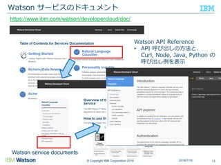 © Copyright IBM Corporation 2016
Watson サービスのドキュメント
132016/7/16
https://www.ibm.com/watson/developercloud/doc/
Watson service documents
Watson API Reference
• API 呼び出しの方法と、
Curl, Node, Java, Python の
呼び出し例を表示
 