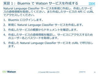 © Copyright IBM Corporation 2016
Natural Language Classifier サービスを新規に作成し、作成したサービ
スの資格情報を取得してください。また作成したサービスの API に cURL
でアクセスしてください。
1. Bluemix にログインします。
2. 新規に Natural Language Classifier サービスを作成します。
3. 作成したサービスの概要からドキュメントを確認します。
4. 作成したサービスの資格情報を確認し、サービスにアクセスするため
のユーザー名とパスワードを取得します。
5. 作成した Natural Language Classifier サービスを cURL で呼び出し
ます。
実習 1： Bluemix で Watson サービスを作成する
142016/7/16
 