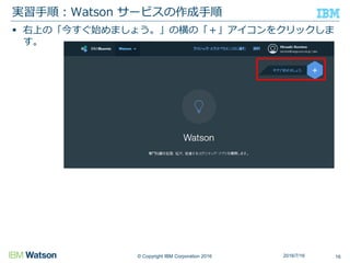 © Copyright IBM Corporation 2016
 右上の「今すぐ始めましょう。」の横の「＋」アイコンをクリックしま
す。
実習手順：Watson サービスの作成手順
162016/7/16
 