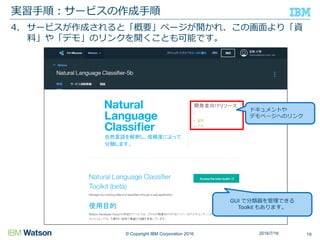 © Copyright IBM Corporation 2016
4. サービスが作成されると「概要」ページが開かれ、この画面より「資
料」や「デモ」のリンクを開くことも可能です。
実習手順：サービスの作成手順
192016/7/16
GUI で分類器を管理できる
Toolkit もあります。
ドキュメントや
デモページへのリンク
 
