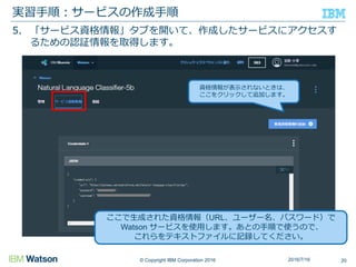 © Copyright IBM Corporation 2016
5. 「サービス資格情報」タブを開いて、作成したサービスにアクセスす
るための認証情報を取得します。
実習手順：サービスの作成手順
202016/7/16
ここで生成された資格情報（URL、ユーザー名、パスワード）で
Watson サービスを使用します。あとの手順で使うので、
これらをテキストファイルに記録してください。
資格情報が表示されないときは、
ここをクリックして追加します。
 