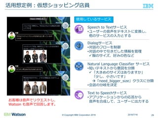 © Copyright IBM Corporation 2016
活用想定例：仮想ショッピング店員
292016/7/16
Speech to Textサービス
•ユーザーの音声をテキストに変換し、
他のサービスの入力とする
Dialogサービス
•対話のフローを制御
•対話の中で引きだした情報を管理
服のサイズ、好みの色など
Text to Speechサービス
•アプリケーションからの応答から
音声を合成して、ユーザーに出力する
Natural Language Classifier サービス
•短いテキストから意図を分類
「大きめのサイズはありますか」
「少し、小さいです」
「need_bigger_size」クラスに分類
•会話の分岐を決定
使用しているサービス
お客様は音声でリクエストし、
Watson も音声で回答します。
 
