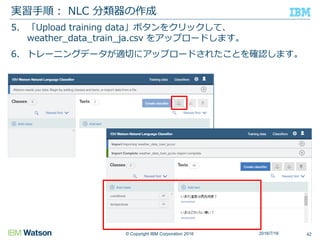 © Copyright IBM Corporation 2016
5. 「Upload training data」ボタンをクリックして、
weather_data_train_ja.csv をアップロードします。
6. トレーニングデータが適切にアップロードされたことを確認します。
実習手順： NLC 分類器の作成
422016/7/16
 