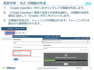 © Copyright IBM Corporation 2016
7. 「Create classifier」ボタンをクリックして分類器を作成します。
8. 「Create Classifier」画面で言語で日本語を選択し、分類器の名前を
適当に設定して「Create」ボタンをクリックします。
9. 分類器が作成され、トレーニングが開始されます。トレーニングには
数分から数時間かかります。
実習手順： NLC 分類器の作成
432016/7/16
 
