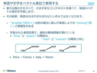 © Copyright IBM Corporation 2016
 莫大な数のテキストで、さまざまなコンテキストを調べて、単語のベク
トル表記を学習します。
 その結果、単語はもはやばらばらなシンボルではなくなります。
– “brightly”(明るく) は他の適当に選んだ単語によりも “shining”(輝
く) と関連性がある
– 学習された表現空間で、線形の意味関連が現れてくる
• “king” と “queen” の関係は、
“man” と “woman” の関係と同じ
• Paris – France + Italy ≈ Rome
単語や文字をベクトル表記で表現する
46
man
woman
uncle
aunt
king
queen
2016/7/16
 