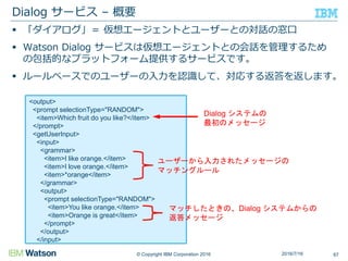 © Copyright IBM Corporation 2016
 「ダイアログ」＝ 仮想エージェントとユーザーとの対話の窓口
 Watson Dialog サービスは仮想エージェントとの会話を管理するため
の包括的なプラットフォーム提供するサービスです。
 ルールベースでのユーザーの入力を認識して、対応する返答を返します。
Dialog サービス – 概要
672016/7/16
<output>
<prompt selectionType="RANDOM">
<item>Which fruit do you like?</item>
</prompt>
<getUserInput>
<input>
<grammar>
<item>I like orange.</item>
<item>I love orange.</item>
<item>*orange</item>
</grammar>
<output>
<prompt selectionType="RANDOM">
<item>You like orange.</item>
<item>Orange is great</item>
</prompt>
</output>
</input>
Dialog システムの
最初のメッセージ
ユーザーから入力されたメッセージの
マッチングルール
マッチしたときの、Dialog システムからの
返答メッセージ
 