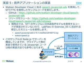 © Copyright IBM Corporation 2016
 Watson Developer Cloud にある speech-javascript-sdk を使用して、
STT/TTS を使用したサンプルコードを実行します。
– GitHub：https://github.com/watson-developer-cloud/speech-
javascript-sdk
– リリースモジュール：https://github.com/watson-developer-
cloud/speech-javascript-sdk/releases
• 現時点では、STT のサンプルに日本語音声モデルを使用するコー
ドが実装されていないので、LabFiles の Exercise_05 に含まれる
修正したモジュールを使用します。
• speech-javascript-sdk-0.19.1-modified-20160712.zip
• watson-speech.js
 このサンプルは Node.js でサーバーを
構成していますが、クライアント側の
実装で使用さている Javascript コード
は他の実装方法でも参考になります。
実習 5：音声アプリケーションの実装
762016/7/16
独自アプリ
ケーション
ブラウザ
Watson Developer Cloud
トークン管理
トークンの
取得
音声の操作
 