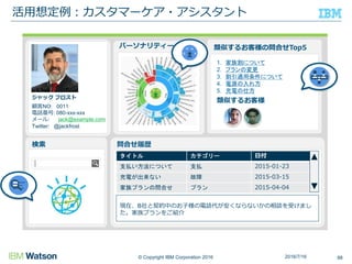 © Copyright IBM Corporation 2016
活用想定例：カスタマーケア・アシスタント
882016/7/16
パーソナリティー
検索 問合せ履歴
ジャック フロスト
顧客NO: 0011
電話番号: 080-xxx-xxx
メール: jack@example.com
Twitter: @jackfrost
類似するお客様の問合せTop5
タイトル カテゴリー 日付
支払い方法について 支払 2015-01-23
充電が出来ない 故障 2015-03-15
家族プランの問合せ プラン 2015-04-04
現在、B社と契約中のお子様の電話代が安くならないかの相談を受けまし
た。家族プランをご紹介
1. 家族割について
2. プランの変更
3. 割引適用条件について
4. 電源の入れ方
5. 充電の仕方
類似するお客様
 