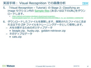 © Copyright IBM Corporation 2016
5. 「Visual Recognition – Tutorial」の Stage 2: Classifying an
image セクション内の Sample files (あるいは以下のURL)をダウン
ロードします。
• https://github.com/watson-developer-cloud/visual-recognition-
tutorial/zipball/master?cm_mc_uid=82999389183014561059798&cm_mc_sid_50200000=1468483780
6. ダウンロードしたファイルを展開します。展開されたファイルに含ま
れる以下の ZIP ファイルをトレーニングデータとして使用します。
– 犬を分類するためのポジティブデータ
• beagle.zip、husky.zip、golden-retriever.zip
– ネガティブなデータ
• cats.zip
実習手順： Visual Recognition での画像分析
972016/7/16
 
