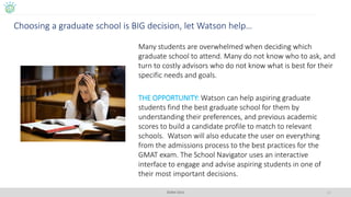 ©IBM 2016
Choosing a graduate school is BIG decision, let Watson help…
14
Many students are overwhelmed when deciding which
graduate school to attend. Many do not know who to ask, and
turn to costly advisors who do not know what is best for their
specific needs and goals.
THE OPPORTUNITY: Watson can help aspiring graduate
students find the best graduate school for them by
understanding their preferences, and previous academic
scores to build a candidate profile to match to relevant
schools. Watson will also educate the user on everything
from the admissions process to the best practices for the
GMAT exam. The School Navigator uses an interactive
interface to engage and advise aspiring students in one of
their most important decisions.
 